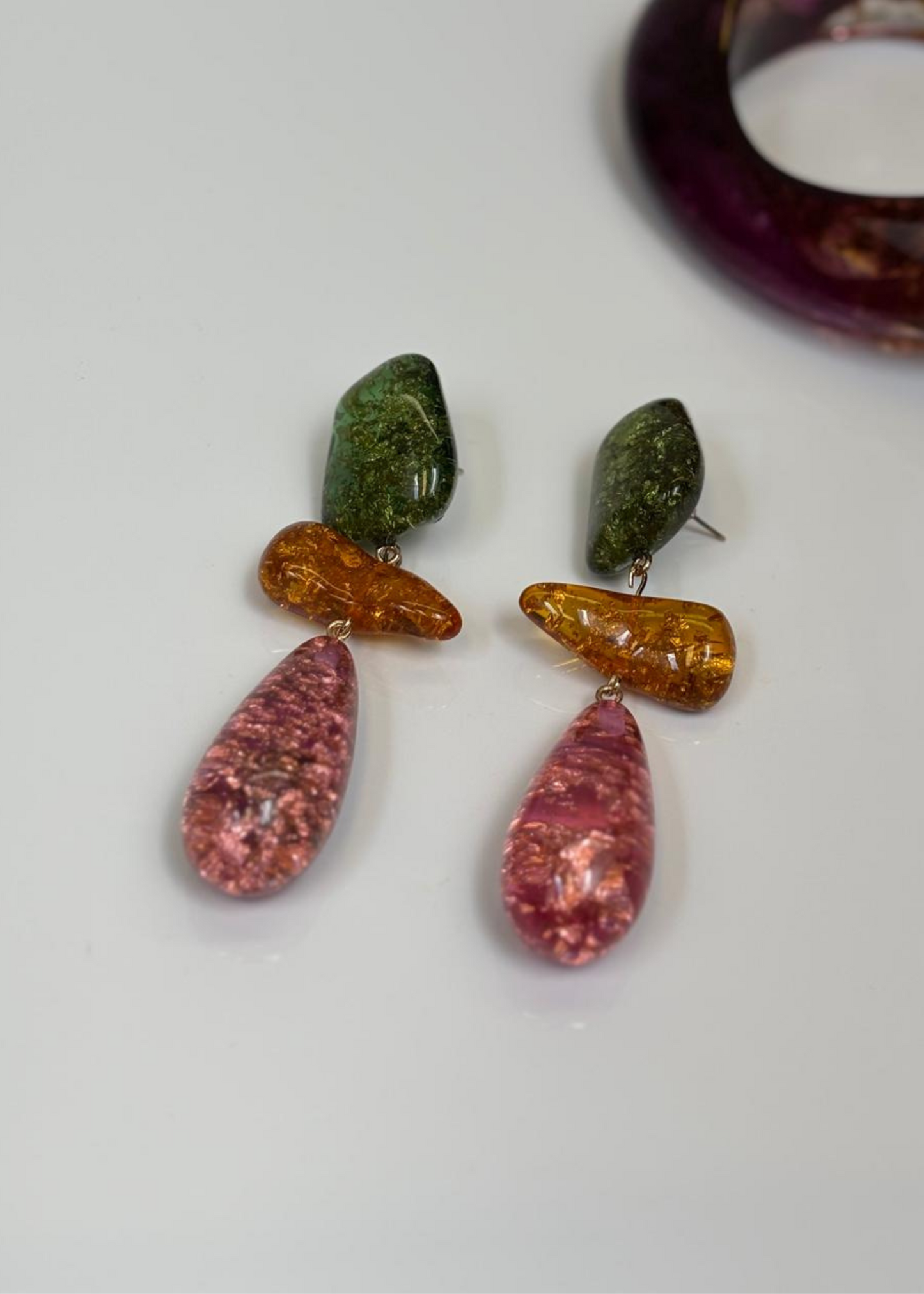 Pink and Green Pendant Resin Earrings